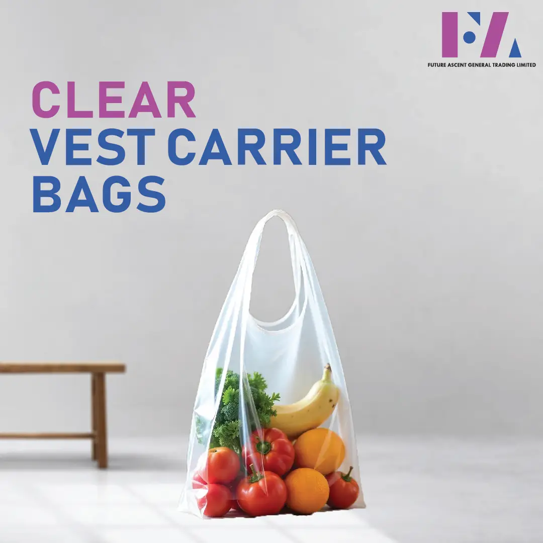 Transparent vest-style carrier bag made from strong polythene, ideal for retail, groceries, and general use.