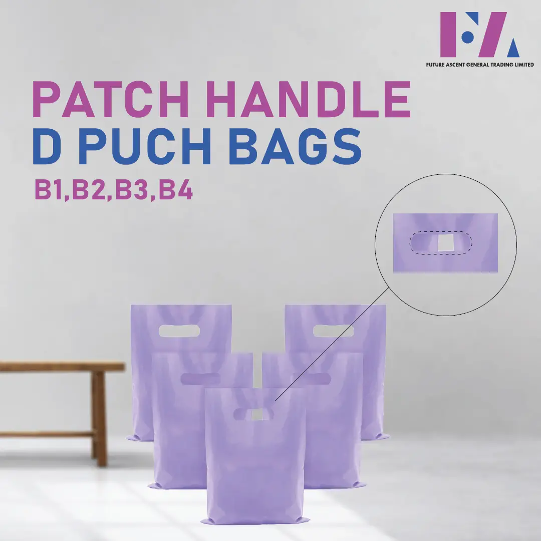 Durable patch handle D-punch bags ideal for retail and takeaway packaging, available in eco-friendly and recyclable materials.